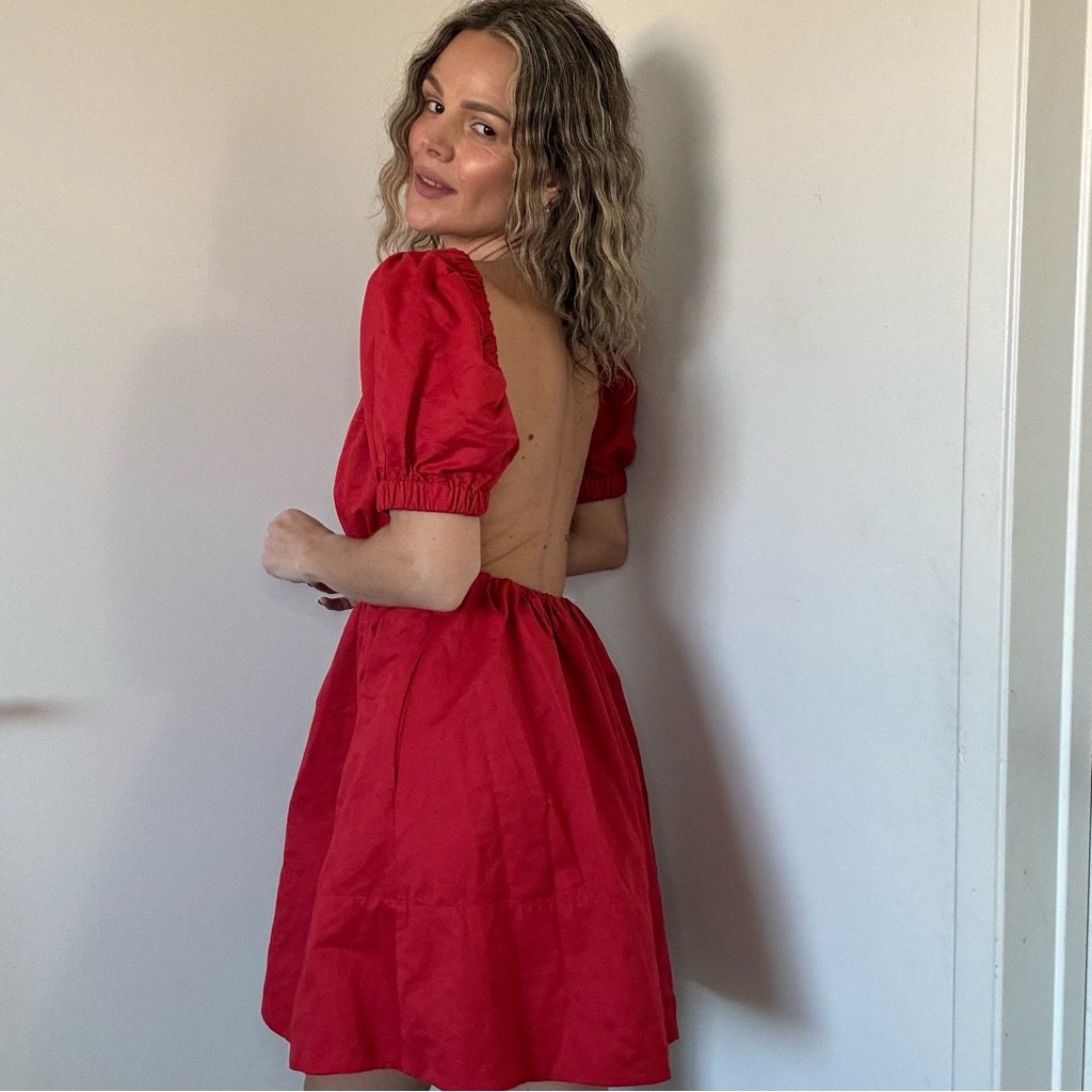 Staud Alix Puff Sleeve Open Back Mini Dress